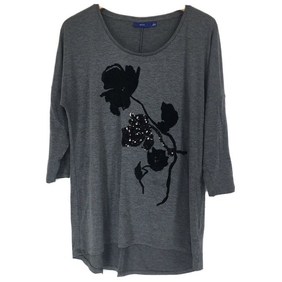 Apt 9 L Large Blouse Gray Black Floral Felt Sequin Print Dolman Drop Sleeve Grey - Picture 6 of 6